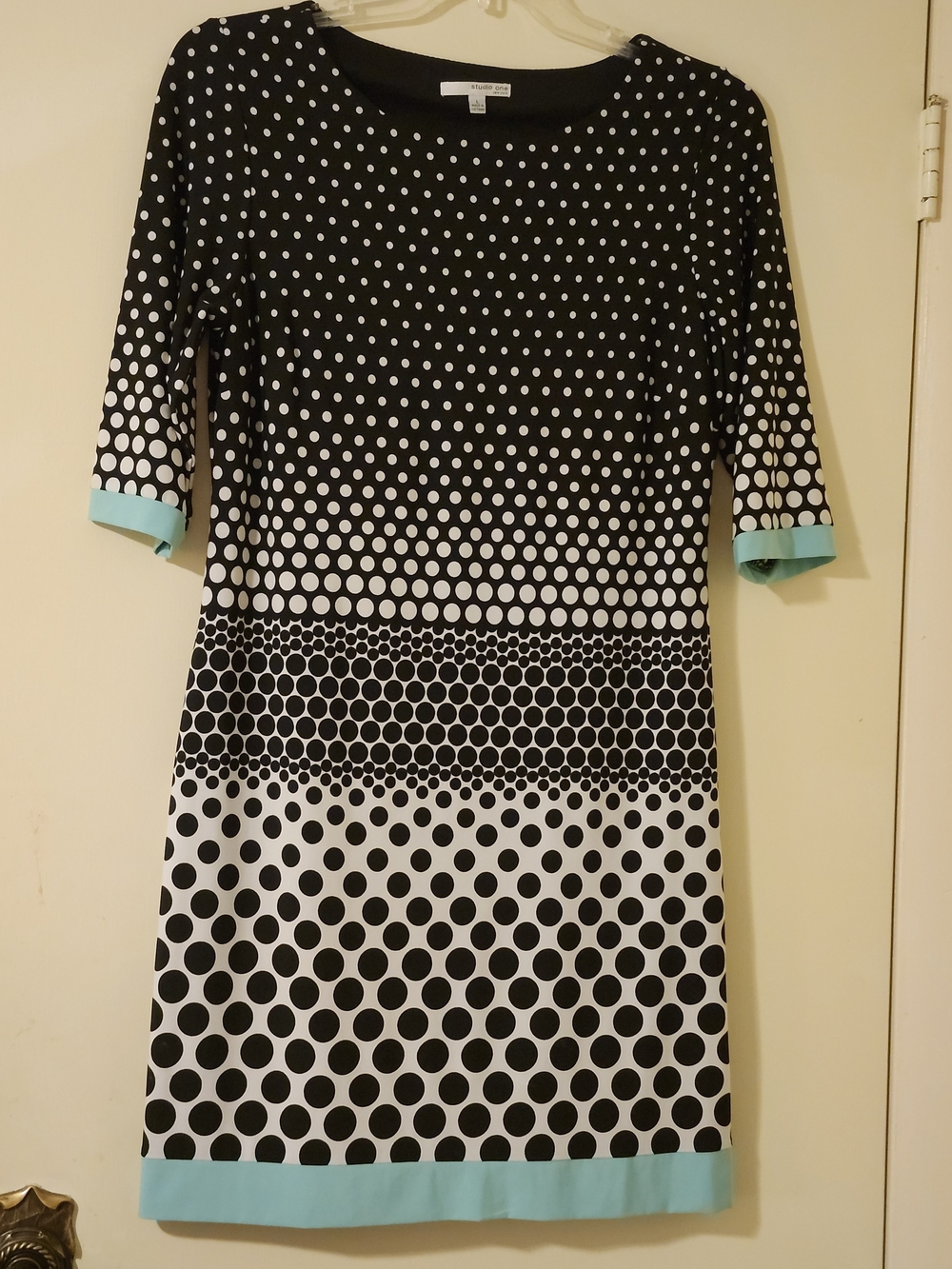 Studio One Black and White Polka Dot Sheath  Dress with Aqua Trim L